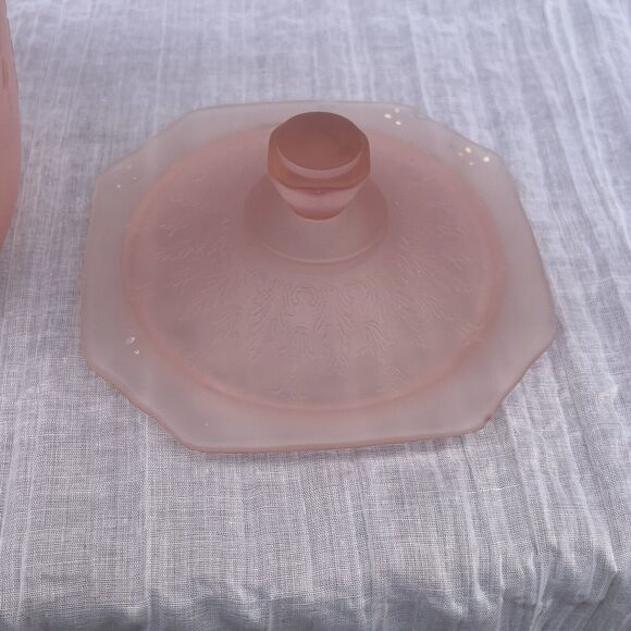Vintage Pink Satin Depression Glass Frosted Princess Cookie Biscuit Jar With Lid - Picture 8 of 13
